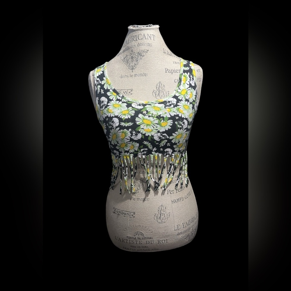 Hot Topic Black and Yellow Floral Fringe Crop Top